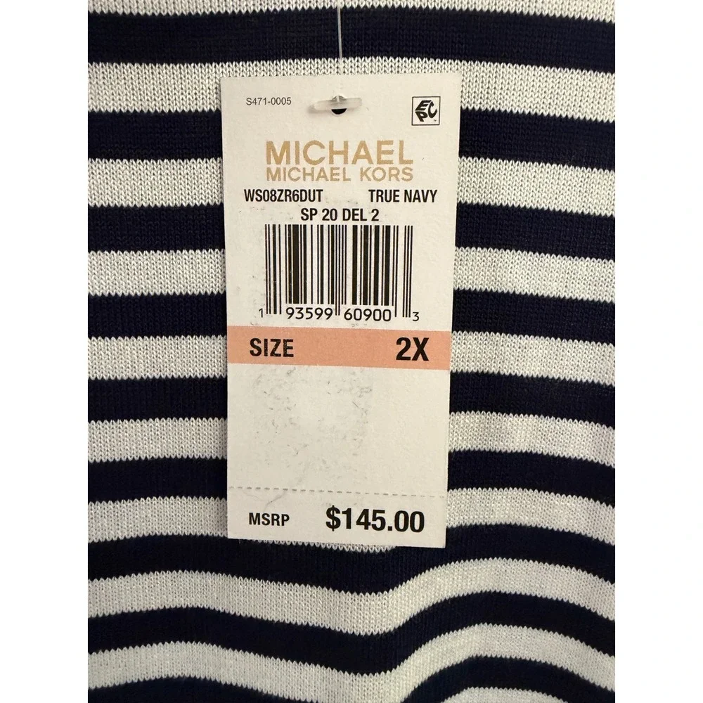NWT Michael Kors Plus Size 2X Navy Striped Asymmetrical Midi Dress Stretch $149